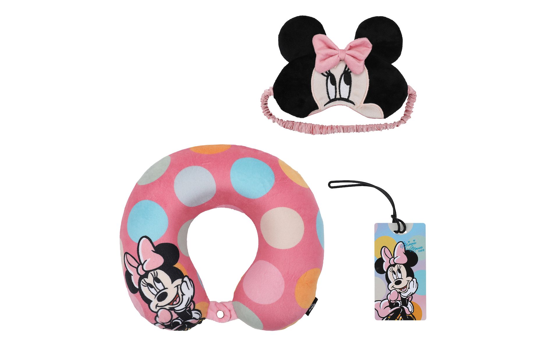Minnie Mouse Kids Travel Set with Neck Pillow Eye Mask and Luggage Tag - Disney Magic on the Go!