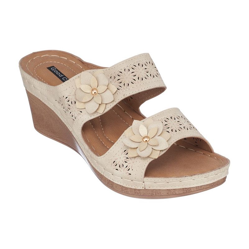 GC Shoes Cie Double Band Perforated Flower Comfort Slide Wedge Sandals, 1 of 6
