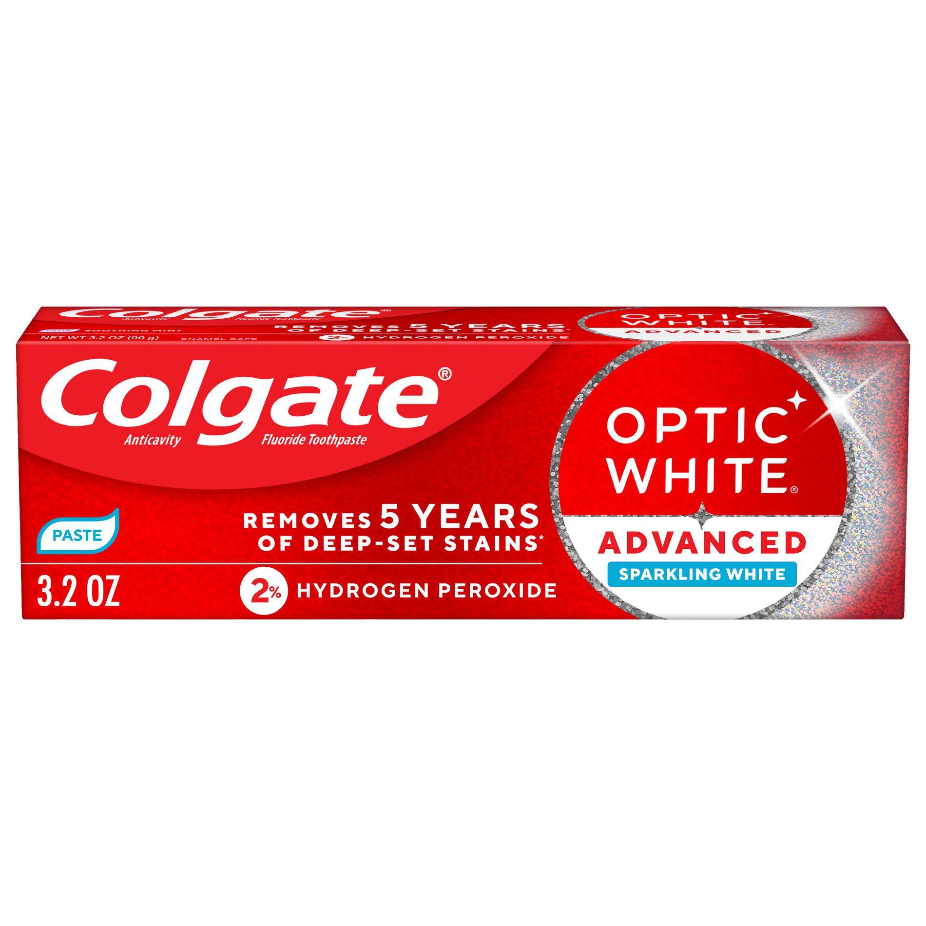 Colgate Optic White Advanced Whitening Toothpaste with Fluoride, 2% Hydrogen Peroxide - Sparkling White - 3.2oz