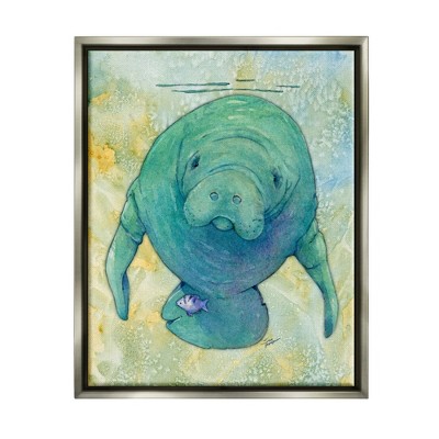 Stupell Industries Green Manatee Underwater Framed Floater Canvas Wall Art