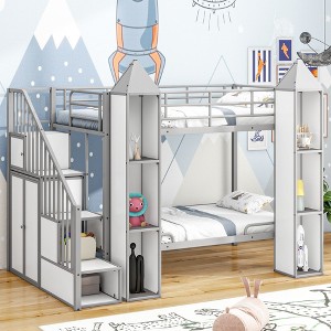 NicBex Twin over Twin Bunk Bed Castle Shape Metal Frame Bed Frame with Wardrobe, Lockers, Storage Stairs and Guardrails, No Box Spring Required - 1 of 4