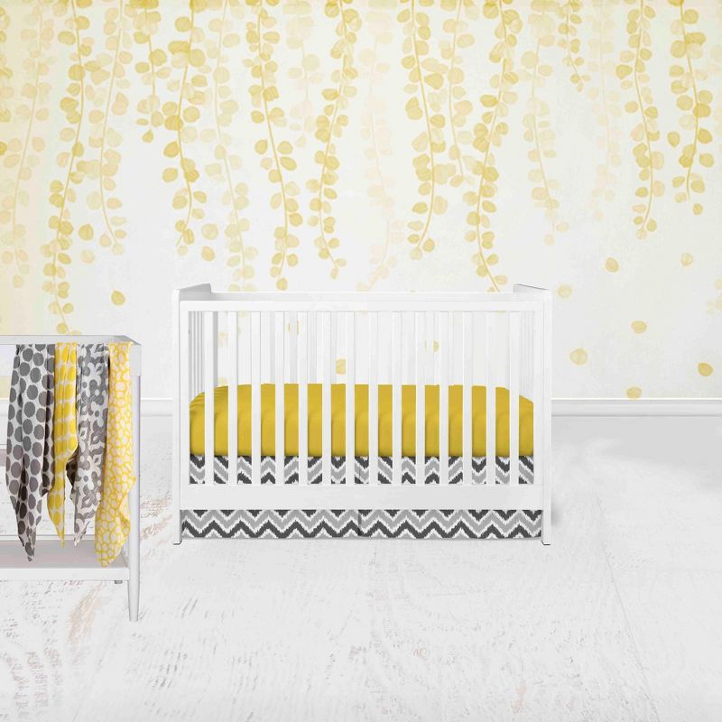 Bacati - Ikat Dots Giraffe Yellow Gray Muslin Neutral Nursery in a Bag 10 pc Crib Set with 3 wall hangings & 4 Muslin Swaddles, 1 of 9