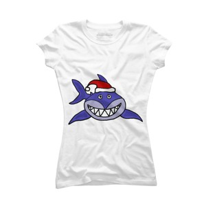 Junior's Design By Humans Funny Christmas Shark in Santa Hat By SmileToday T-Shirt - 1 of 3