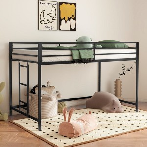 Twin Loft Bed Black Loft Bed with Easy Climbing Ladder and Guardrails, Loft Bed Frame - 1 of 4