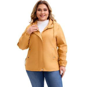 Women's Plus Size Windbreaker Zip Up Buttons Waterproof Hooded Casual Trench Coats with Pockets - Agnes Orinda Large Gold - 1 of 4