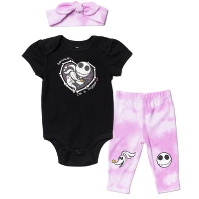 Image of Disney Nightmare Before Christmas Zero Jack Skellington Infant Baby Girls Bodysuit Pants and Headband Set 12 Months