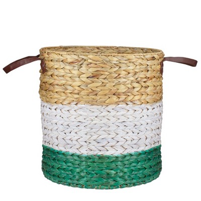 Northlight 16" Beige, White and Teal Braided Wicker Basket with Handles