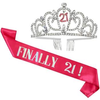 Juvale 21st Birthday Sash and Crown Set, Finally 21 Hot Pink Reflective Sash and Rhinestone Crown Tiara for 21st Birthday Party Supplies