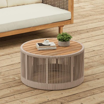 ORRD Outdoor Rattan rope & Acacia Wood Coffee Table - Patio Balcony Furniture for Garden, Yard, Balcony - Weather Resistant(Rope Beige, Natural Iron)