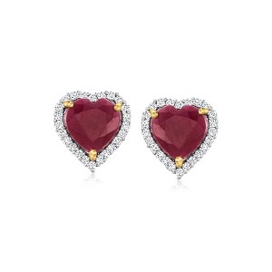 Ross-Simons 5.25 ct. t.w. Ruby and .38 ct. t.w. Diamond Heart Stud Earrings in 14kt Yellow Gold - 1 of 3