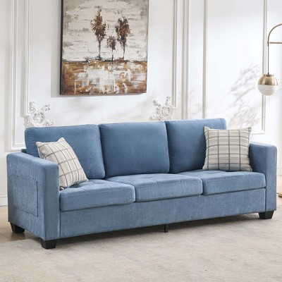 3 Seat Sofa Couch, 89'' Chenille Fabric Upholstered Sofa with Wide Armrest, Comfy Couches with Side Storage Pockets for Living Room, Bedroom