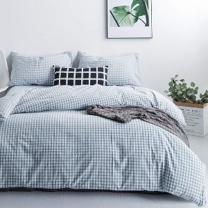 BAGOKIE 100% Washed Cotton Plaid Duvet Cover Set Queen/King Size Duvet Cover with 2 Pillowcases, Blue - 1 of 4