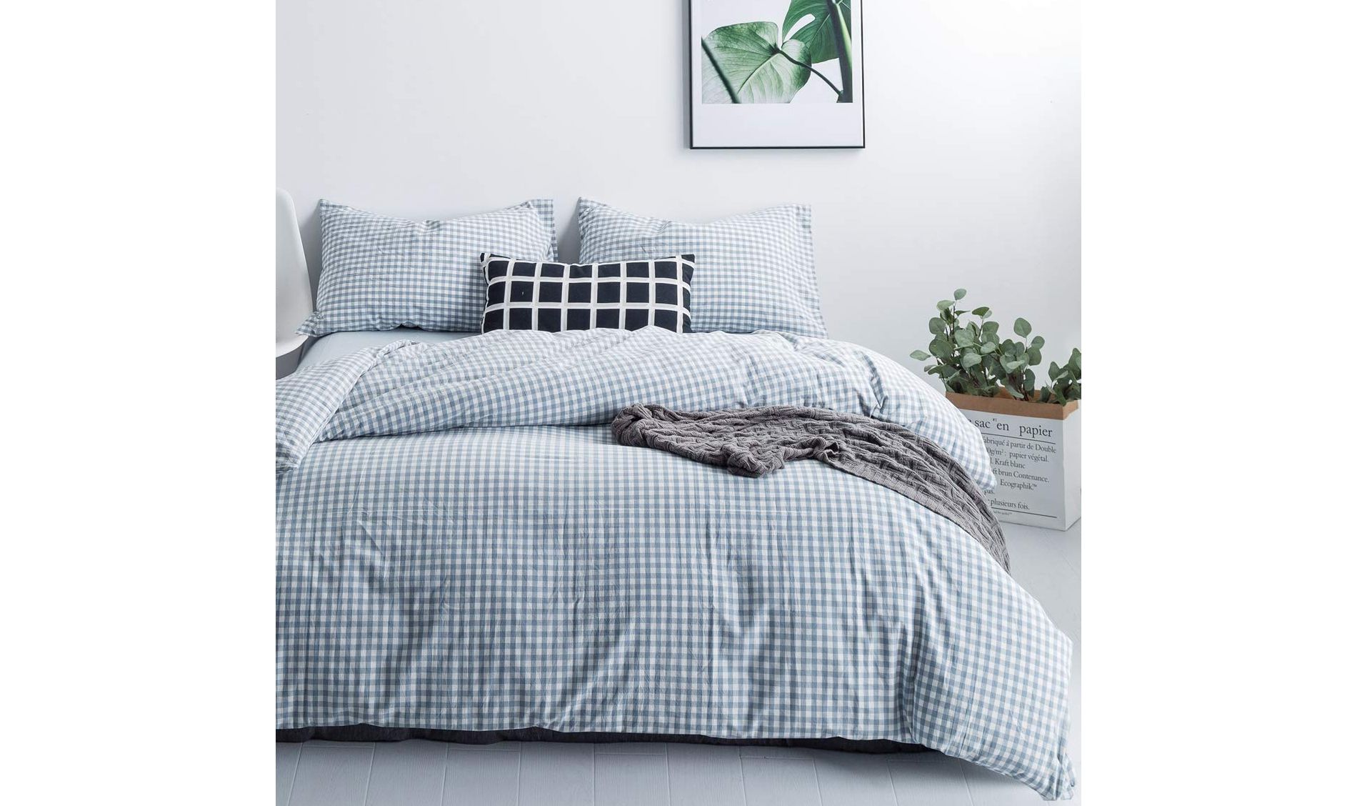 BAGOKIE 100% Washed Cotton Plaid Duvet Cover Set Queen/King Size Duvet Cover with 2 Pillowcases, Blue
