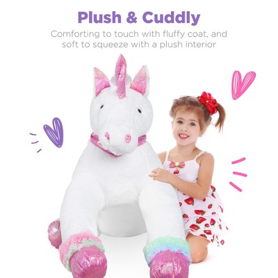Large White Faux Fur Unicorn Plush Toy with Rainbow Details
