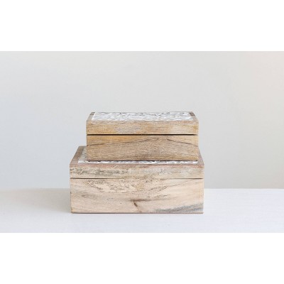 Set of 2 Whitewashed Mango Wood Lidded Storage Boxes