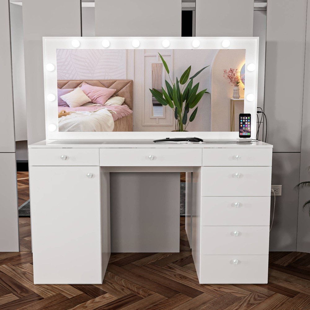 Photos - Other Furniture Leila Lighted Crystal Ball Knobs Makeup Vanity White - Boahaus: Elegant Dr