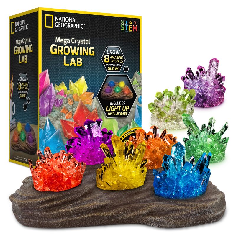 NATIONAL GEOGRAPHIC Mega Crystal Growing Lab, Grow 8 Vibrant Colored Crystals, Includes 5 Real Gemstone Specimens, Light-Up Display Stand & Guidebook, 1 of 9