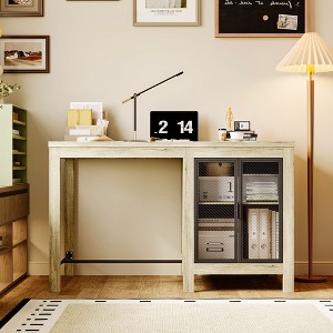 FUFU&GAGA Chic White Oak - inspired Single Desk with Smart Storage - Push - to - Open Cabinet Innovation - 1 of 4