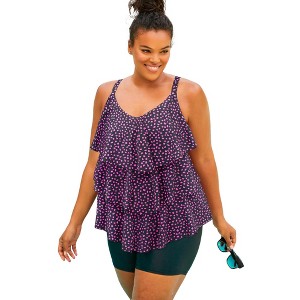 Swim 365 Women's Plus Size Longer-Length Tiered-Ruffle Tankini Top - 1 of 4