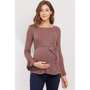Hello MIZ Womens Solid Bell Sleeve Maternity Top with Keyhole Back and Faux Waist Tie - 1 of 1