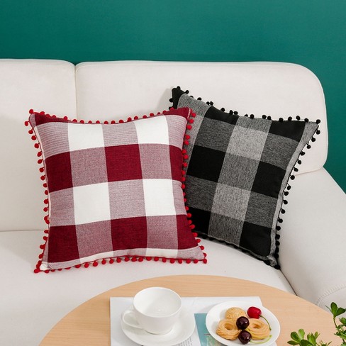 Piccocasa Buffalo Check Plaid Throw Pillow Cover With Pompoms For Sofa Couch  Decor 1 Pcs Black Beige White 18 X 18 : Target