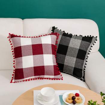PiccoCasa Buffalo Check Plaid Throw Pillow Cover with Pompoms for Sofa Couch Decor 1 Pcs