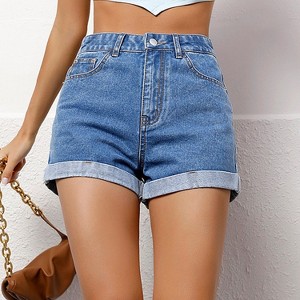 Women's High Waist Wide Leg Denim Shorts Straight Cut Shorts with Side Pockets - 1 of 4