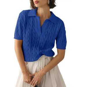 Women's Cable Short Sleeve Sweaters Tops Solid Lapel V Neck Cable Knit Casual Soft Pullover Shirt - 1 of 4
