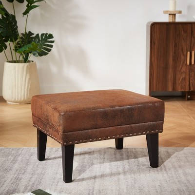 Lycvki Brown Vintage Distressed Ottoman with Riveted Footrest and Solid Wood Legs