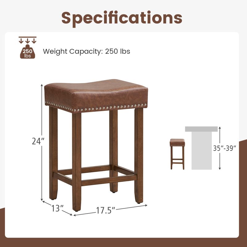 Costway 24" Upholstered Bar Stools Set of 2 with Footrests Rubberwood Frame Saddle-shaped Brown/Gray, 3 of 9