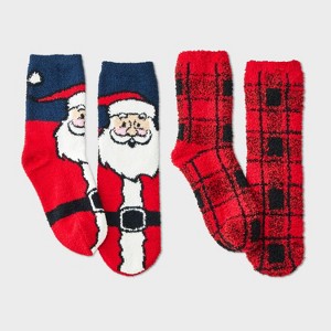 Kids' 2pk Santa & Plaid Cozy Crew Socks with Gift Card Holder - Wondershop™ Red/Navy Blue - 1 of 3
