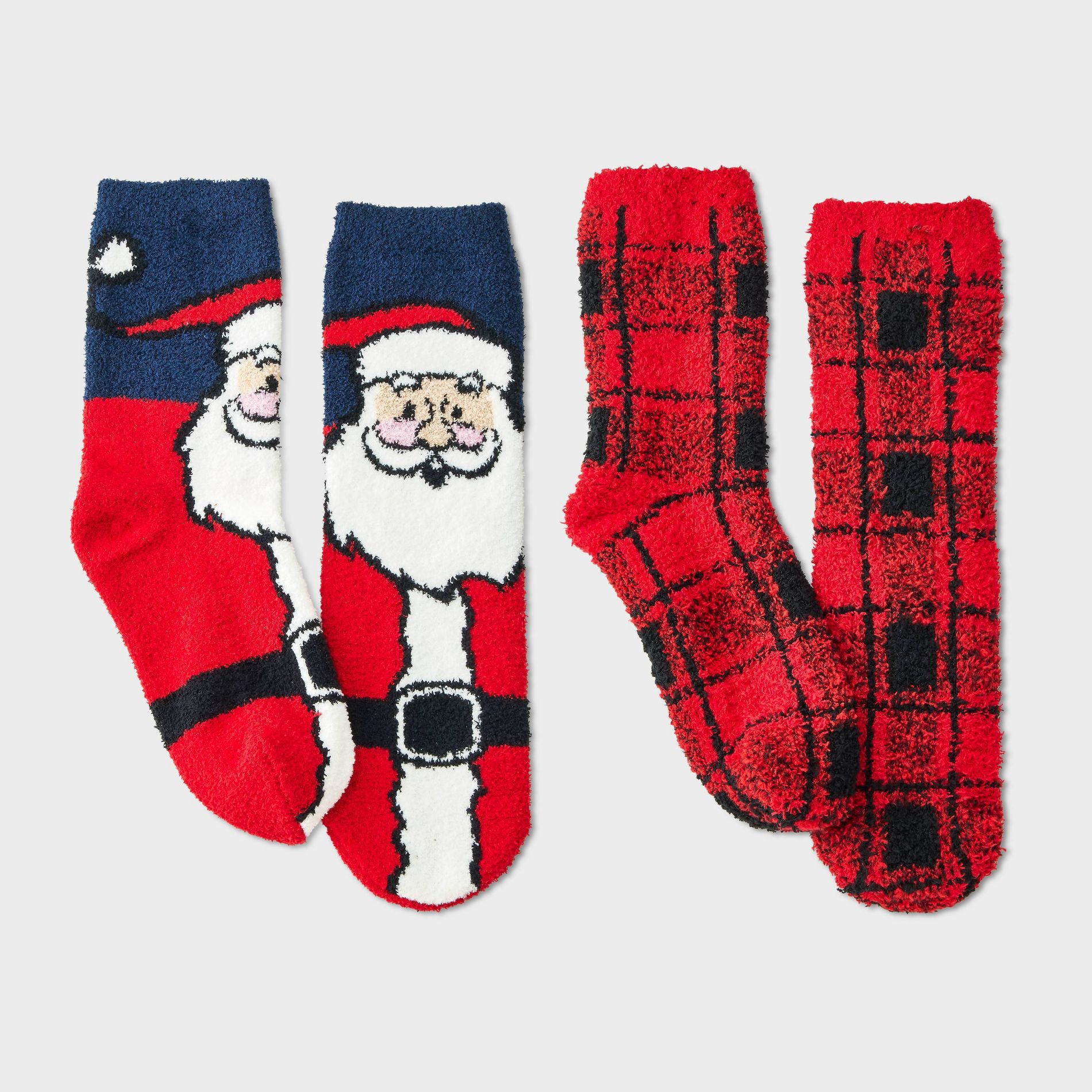 Kids' 2pk Santa & Plaid Cozy Crew Socks with Gift Card Holder - Wondershop™ Red/Navy Blue