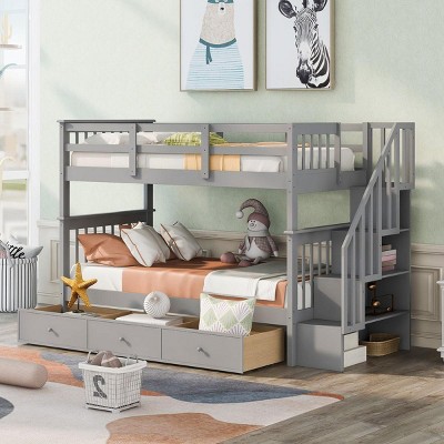 Streamdale Stairway Twin-Over-Twin Bunk Bed with Three Drawers for Bedroom, Dorm - Gray