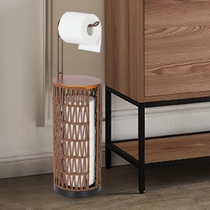 KTMBDW Freestanding Toilet Paper Holder with Storage – Holds 3 Spare Rolls, Easy Assembly, Rattan Finish, Space-Saving Bathroom Organize - 1 of 4