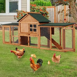 80” Wooden Rabbit Hutch, Outdoor Chicken Coop, Bunny Hutch Guinea Pig Pet House Bunny Cage with Double Side Runs, Weatherproof Roof, Removable Tray - 1 of 4