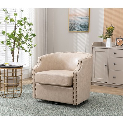 LOVMOR 360 Degree Swivel Accent Chair,Waterproof Oil Waxed PU Leather Swivel Armchair w/Solid wood frame & rotating turntable,Beige