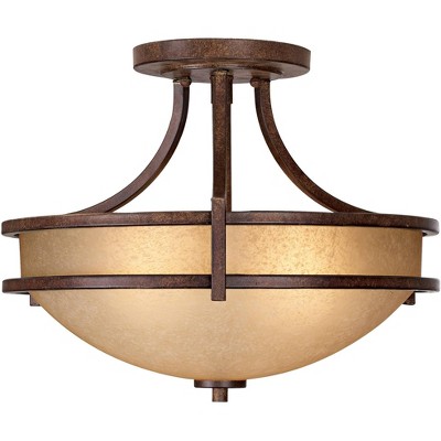 Franklin Iron Works Rustic Farmhouse Ceiling Light Semi Flush Mount Fixture Bronze 18" Wide Cream Scavo Glass Bowl Bedroom Kitchen