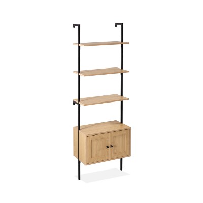 Light Oak and Black Wall-Mounted Ladder Bookcase with Cabinet