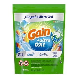 Gain Flings Ultra Oxi Laundry Detergent Pacs, 31 Count, Waterfall Delight Scent, 3-in-1, HE Compatible - 1 of 4
