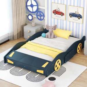 CAVINAS Twin/Full Size Platform Bed with Wheels and Storage Space,Car-Shaped Bed Frame,Dark Blue/Black - 1 of 4