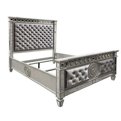Varian Gray Velvet Upholstered Queen Bed with Mirrored Accents