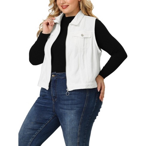 Agnes Orinda Women's Plus Size Trucker Zipper Front Sleeveless Jacket White 1x : Target