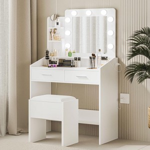 Vanity Desk with Mirror and Lights, Makeup Vanity with Power Outlet & Cushioned Stool - 1 of 4