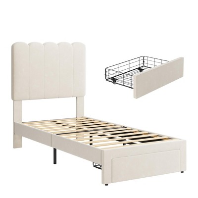 Coucheta Twin Bed Frame with Storage & Headboard, Velvet Upholstered (Color: Flannel White)