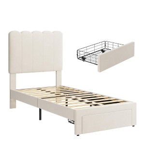 Coucheta Twin Bed Frame with Storage & Headboard, Velvet Upholstered (Color: Flannel White) - 1 of 4