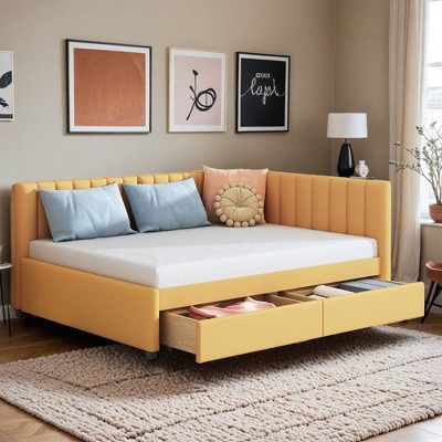Modern Full Size Linen Upholstered Daybed with 2 Storage Drawers,Sofa Bed with Backrest and Armrests - Leovsnove