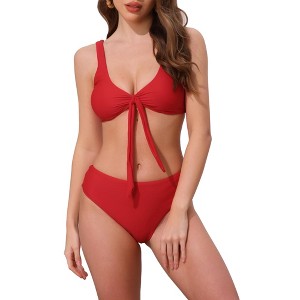 INSPIRE CHIC Women's Lace Up Decoration Push Up Bikini Sets, Wide Strap Top Triangle Bottom Swimwear Bathing Suits 1 Set - 1 of 4
