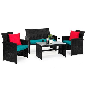 Best Choice Products 4-Piece Outdoor Wicker Patio Conversation Furniture Set w/ Table, Cushions - 1 of 4