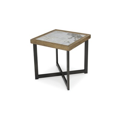Beige and Black Square Wood and Stone End Table