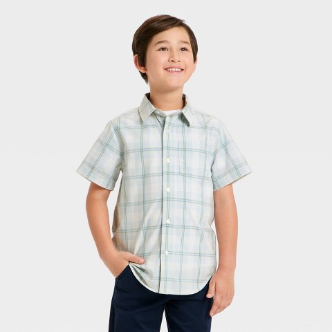 Cat & Jack Boys' Short Sleeve Plaid Poplin Button-Down Shirt - Cat & Jack™ Light Blue/Yellow S